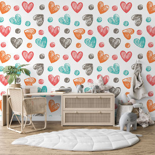 Koraalrood Oranje Blauw Turquoise Hartjes Kunstpat Behang