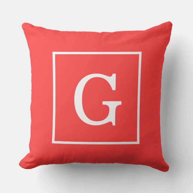 Koraalrood Wit Omkaderd Initiaal Monogram Kussen (Voorkant)