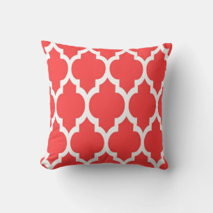 Koraalrood Witte Marokkaanse Quatrefoil Patroon #4 Kussen