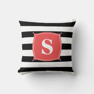 Koraalrood & Zwarte Monogram Strepen   Kussen