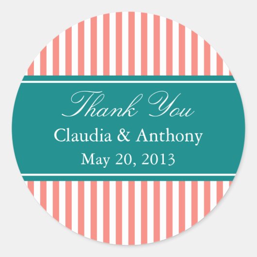 Koraalroze, Blauwgroen en witte strepen Hartelijk Ronde Sticker (Voorkant)