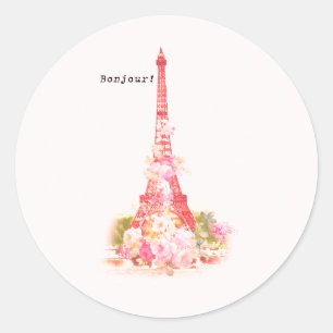  koraalroze bloemetjes Paris Eiffeltoren Ronde Sticker