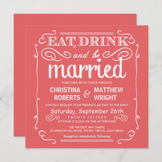 Koraalroze Drink en huwelijkshuwelijk Kaart (Voorkant / Achterkant)