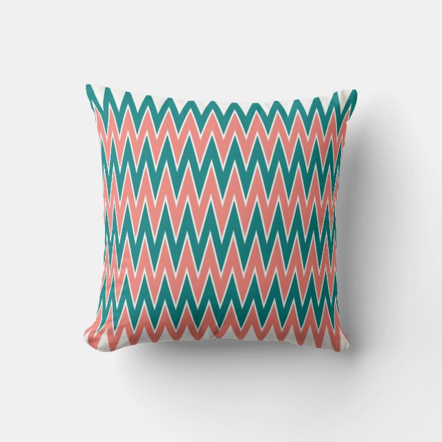 Koraalroze en Blauwgroen zigzagpatroon Kussen (Voorkant)