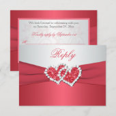 Koraalroze en grijze verlovingskaart met verbonden RSVP kaartje (Voorkant / Achterkant)