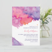 Koraalroze en Paarse Abstracte Waterverf bruiloft Kaart (Staand voorkant)