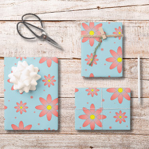 Koraalroze en poederblauwe delicate margrietbloeme inpakpapier vel