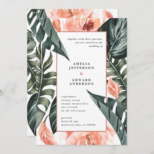 Koraalroze en tropische bladbladeren bruiloft (Voorkant / Achterkant)