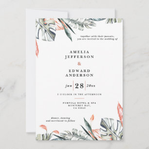 Koraalroze en tropische bladbladeren bruiloft