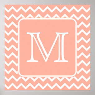 Koraalroze en witte Chevron met aangepast monogram Poster