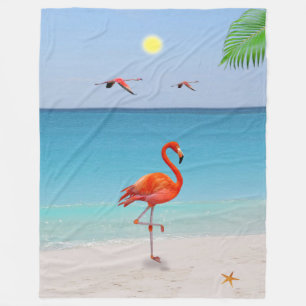 Koraalroze flamingo en palmblad op het strand fleece deken
