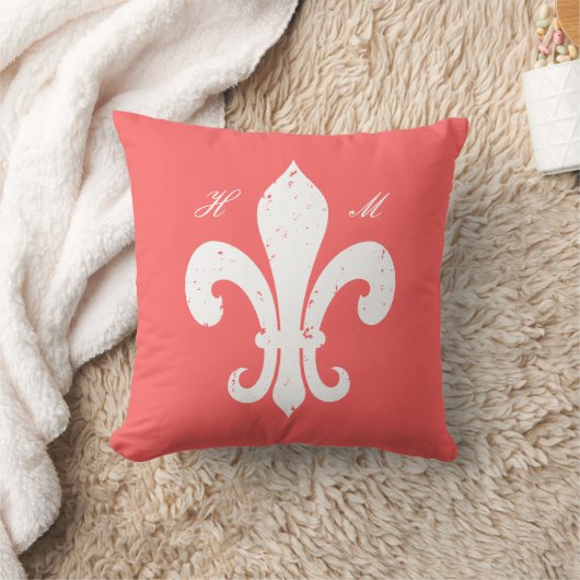 Koraalroze Fleur de lis monogram werpkussen Kussen (Deken)