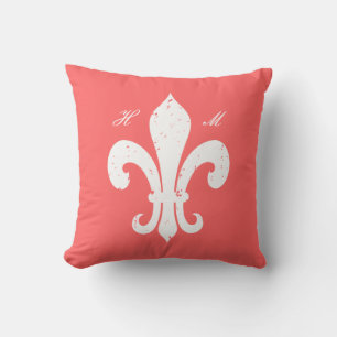 Koraalroze Fleur de lis monogram werpkussen Kussen