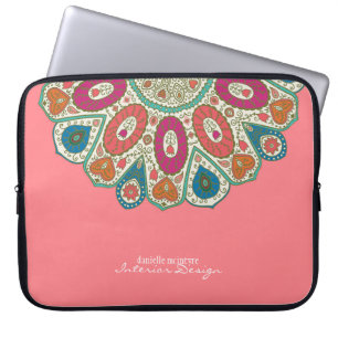 Koraalroze hand getekend Henna Circle Patroonontwe Laptop Sleeve