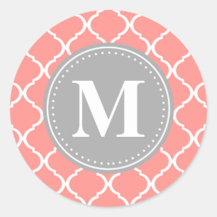Koraalroze Marokkaans Lattice Gray Monogram Ronde Sticker