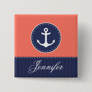 Koraalroze pokadots donkerblauw anker met naam vierkante button 5,1 cm