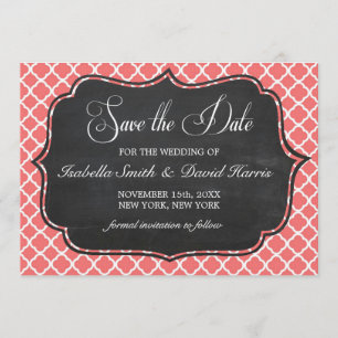 Koraalroze Quatrefoil en Chalkboard Save the Date