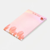 Koraalroze tulpbloemen & kardinaalvogel op roze post-it® notes (Schuin)