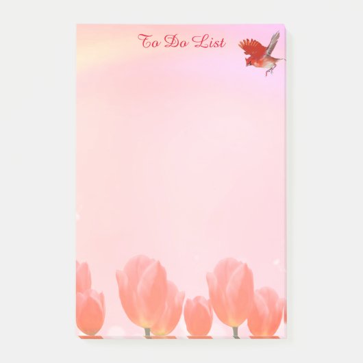Koraalroze tulpbloemen & kardinaalvogel op roze post-it® notes (Voorkant)