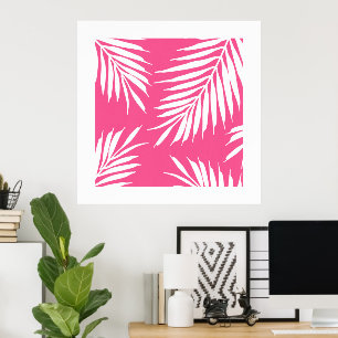 Koraalroze, witte acrylpalmbladeren poster