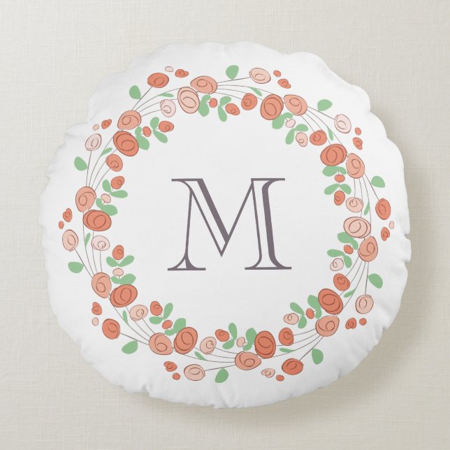 koraalrozen krans monogram rond kussen (Voorkant)