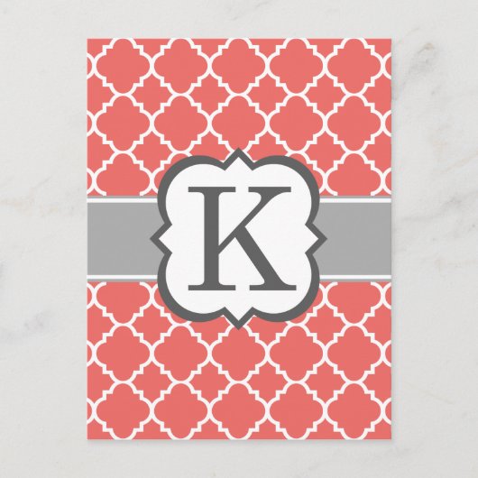 Koraalwitte monogram Letter K Quatrefoil Briefkaart (Voorkant)