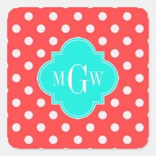 Koraalwitte Stippen Brt Aqua Quatrefoil 3 Monogram Vierkante Sticker
