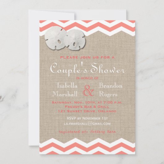 Koraalzanddollar en Chevron Couple's Shower Invite Kaart (Voorkant)