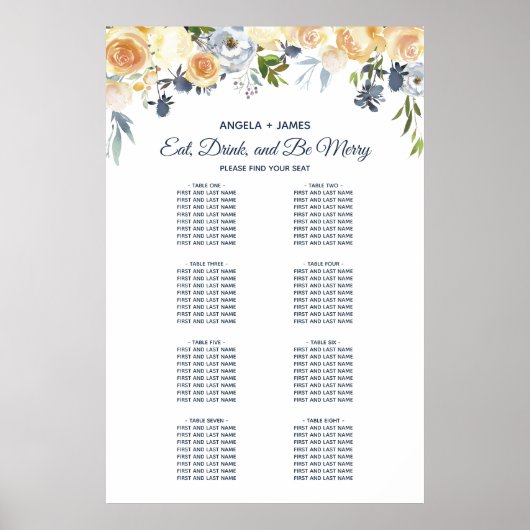 Koraalzeemacht Blauwe Floral Wedding Seating Chart Poster (Voorkant)