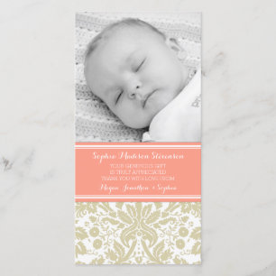 Koral Damask Hartelijk dank Baby shower Fotokaarte Bedankkaart