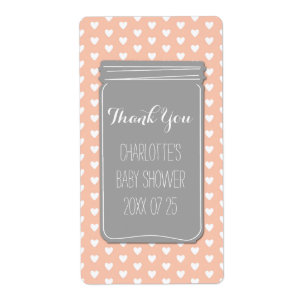 Koral Grey Hearts Mason Jar Baby shower Favor Etiket
