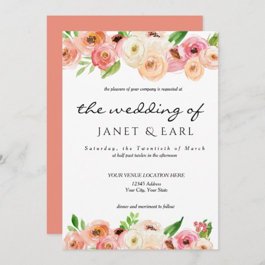 Koral Spring Floral Wedding Leaf Invitation Kaart (Voorkant / Achterkant)
