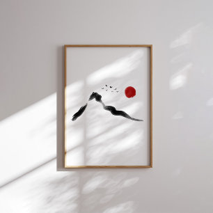 Koreaans Inktberglandschap met Red Sun Poster