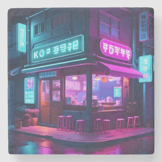 Koreaans Neon Koffiehuis LoFi Art Stenen Onderzetter (Voorkant)