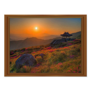 Koreaanse herfst Sunset Temple Wood Lijst Foto Afdruk