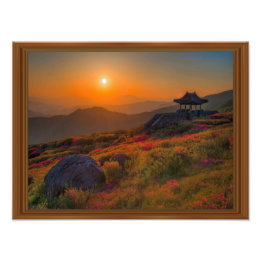 Koreaanse herfst zonsondergang tempel houten frame foto afdruk