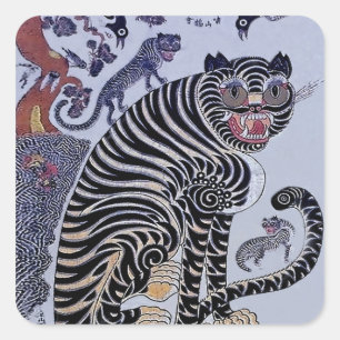 Koreaanse Tijger Minhwa met Drie Welpen Vierkante Sticker