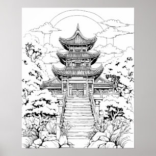 Korean Temple Coloring Poster