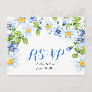 Korenbloem Blauw Wit Daisy Bloemen Bruiloft RSVP Uitnodiging Briefkaart