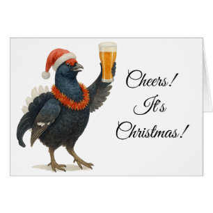 Korhoen, kerstmanhoed & bier Kerstgroet kaart