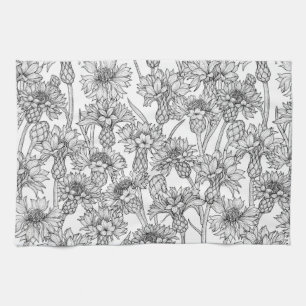 Kornbloemen, wilde bloemen, zwart-wit theedoek