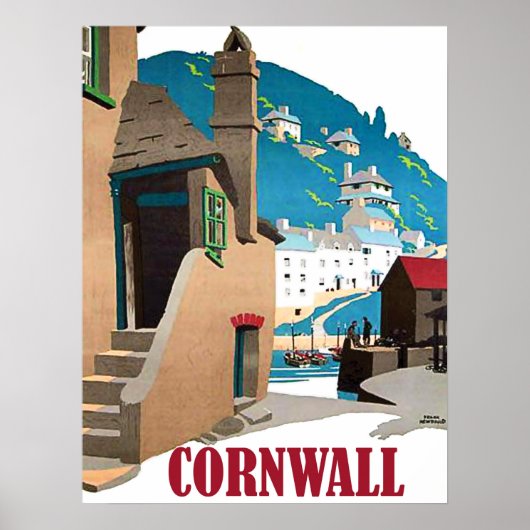 Kornwall, haven en huizen op de heuvel, poster (Voorkant)