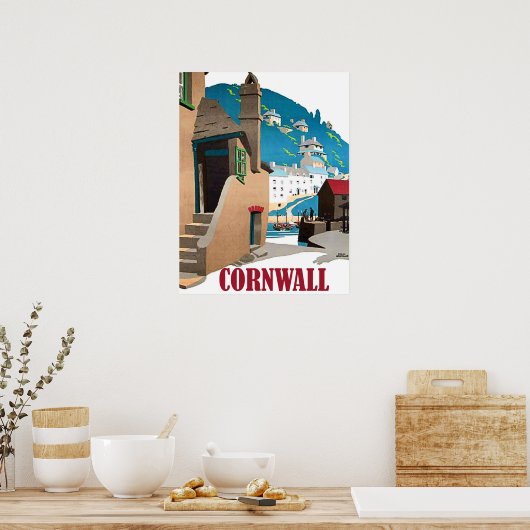 Kornwall, haven en huizen op de heuvel, poster (Keuken)