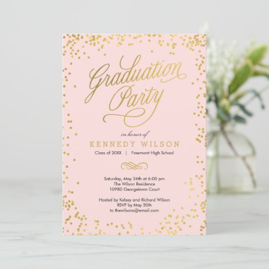 Korte Confetti Graduation Party Invitation Roze Kaart (Staand voorkant)