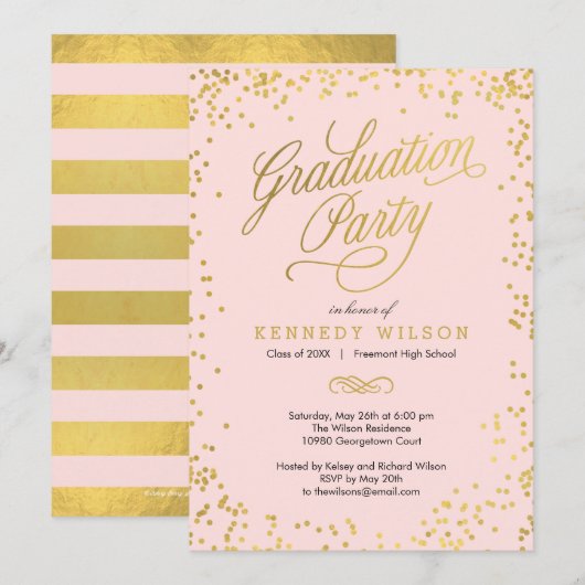 Korte Confetti Graduation Party Invitation Roze Kaart (Voorkant / Achterkant)