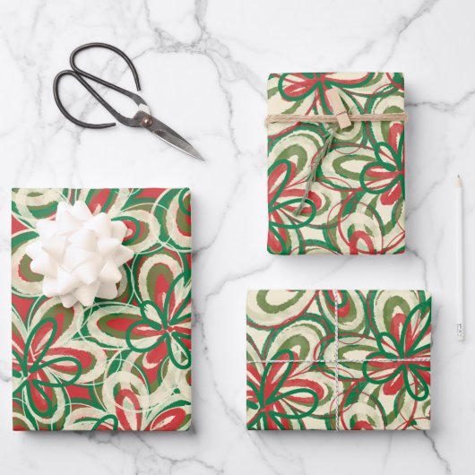Korte kerstretro Floral Pattern Red Green Inpakpapier Vel (Voorkant)