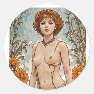 Kortharige rode kop V1 Mucha Style Art Ronde Sticker