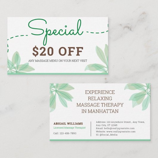 Korting Kaart: Massage Therapist Service Visitekaartje (Voorkant / Achterkant)