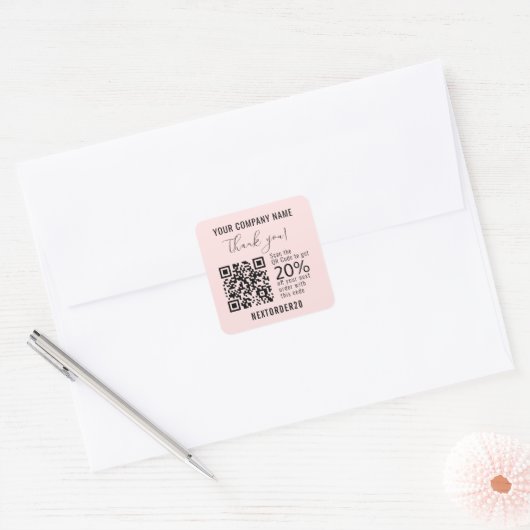 Kortingscoupon QR-code Zakelijk Roze Bedankt Vierkante Sticker (Envelop)