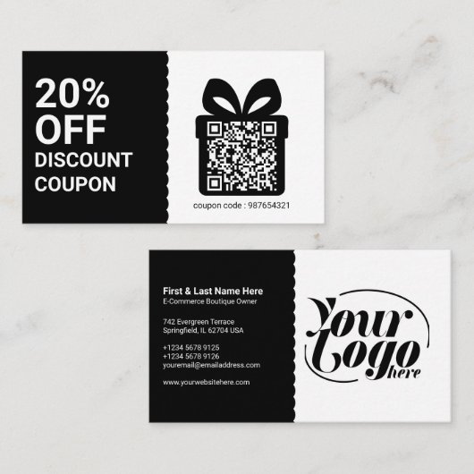 Kortingscoupon QR-code zwarte marketing Visitekaartje (Voorkant / Achterkant)